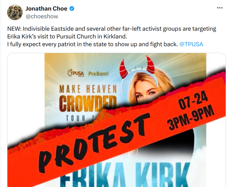 Far-right propagandists bring attention to protest of Erika Kirk event; one encourages “every patriot” in WA to “fight back”