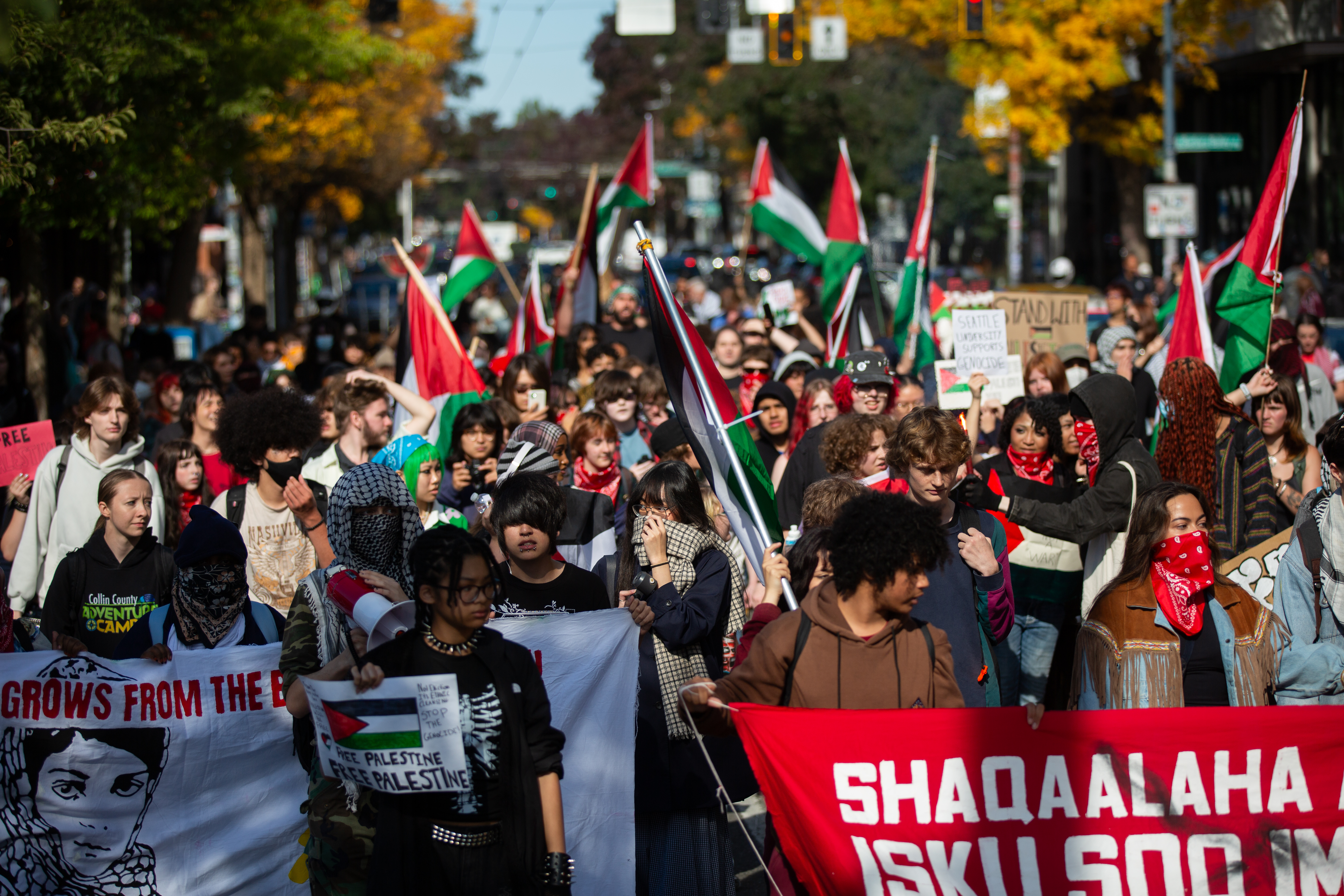 Photos: Students and activists march through Seattle on third anniversary of genocide in Gaza